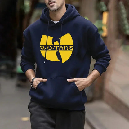 Navy blue hip hop fleece long sleeve wu-tang clan hoodie with bold yellow logo and black drawstrings for winter vintage hoodies