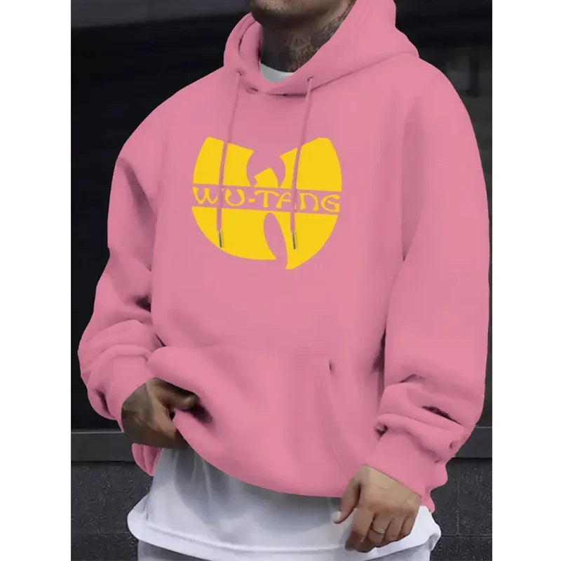 Pink wu tang fleece long sleeve hoodie with bold yellow logo and matching drawstrings for winter vintage hoodies hip hop style