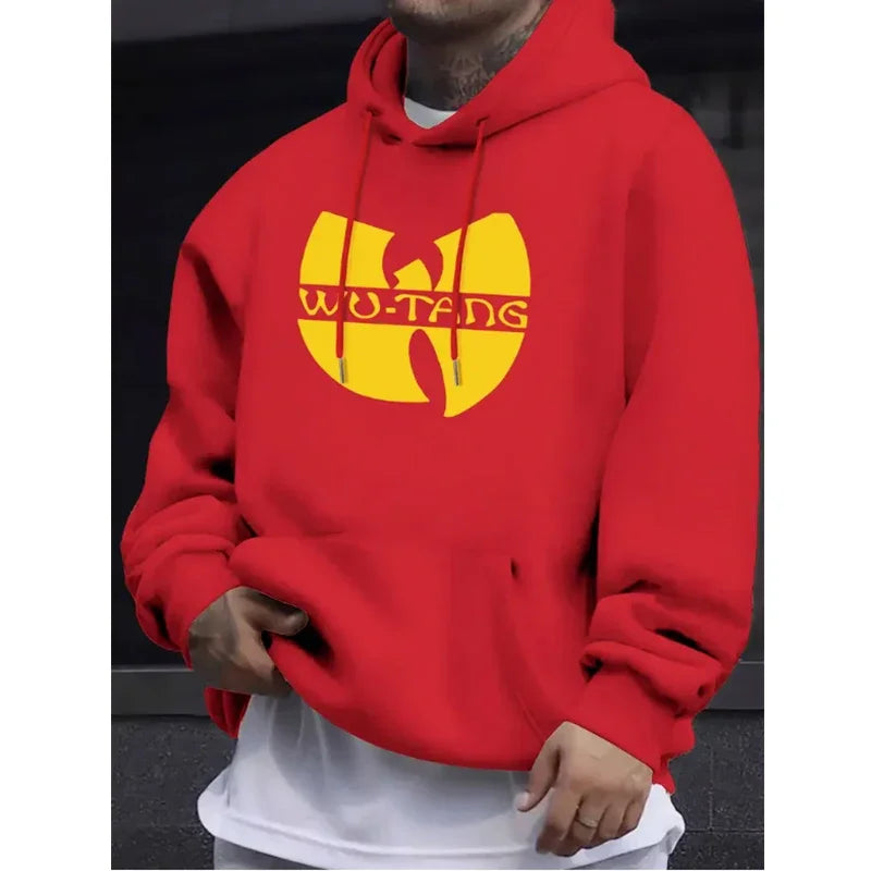 Red wu-tang clan fleece long sleeve hoodie with bold yellow logo and matching drawstrings for hip hop winter vintage hoodies