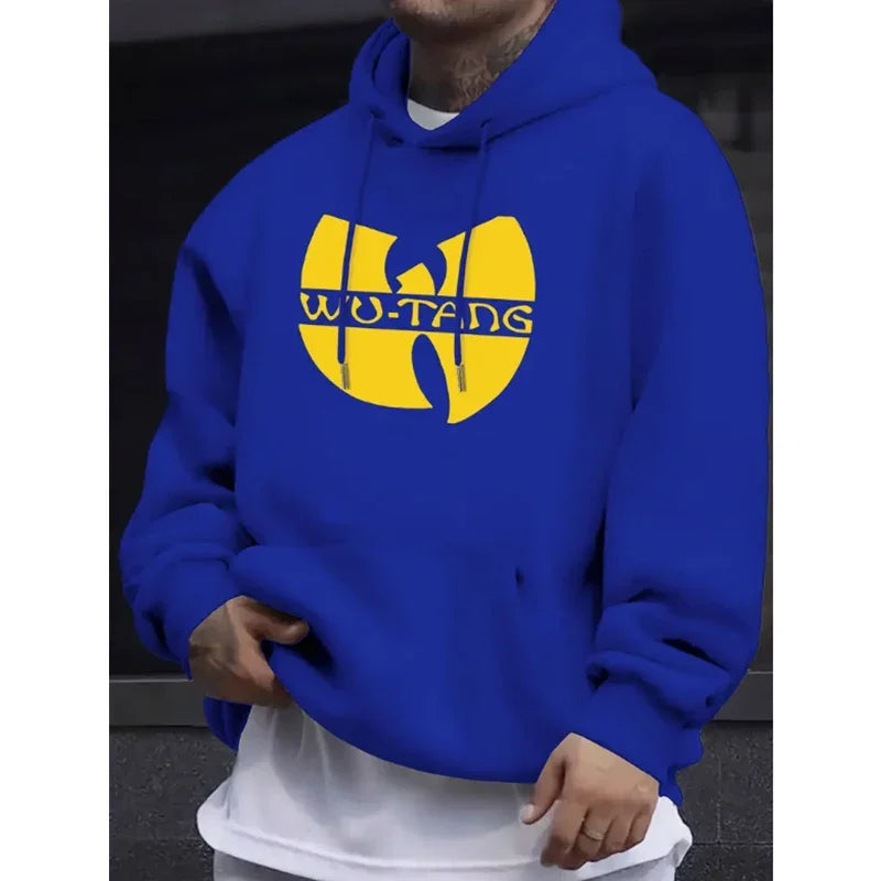 A vibrant royal blue wu-tang clan fleece long sleeve hoodie with bold yellow logo for hip hop winter vintage hoodies