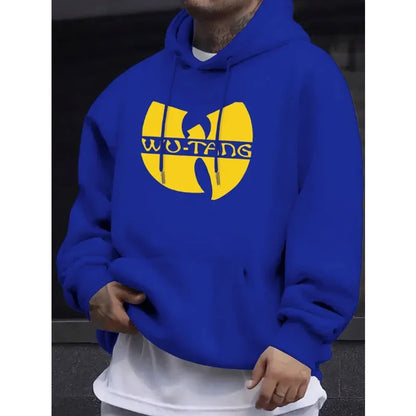 A vibrant royal blue wu-tang clan fleece long sleeve hoodie with bold yellow logo for hip hop winter vintage hoodies
