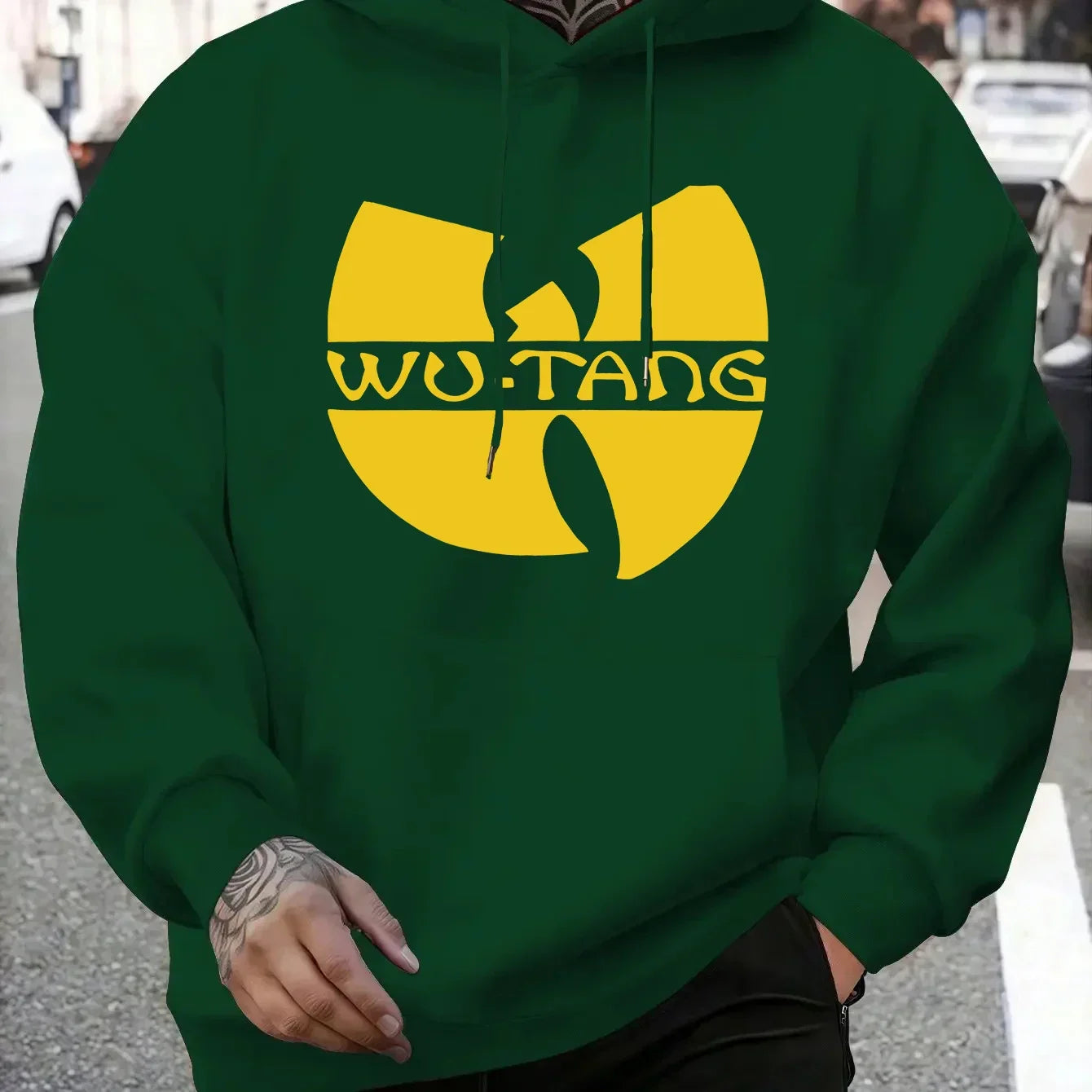 Dark green hip hop wu-tang clan fleece long sleeve hoodie with bold yellow logo for winter vintage hoodies
