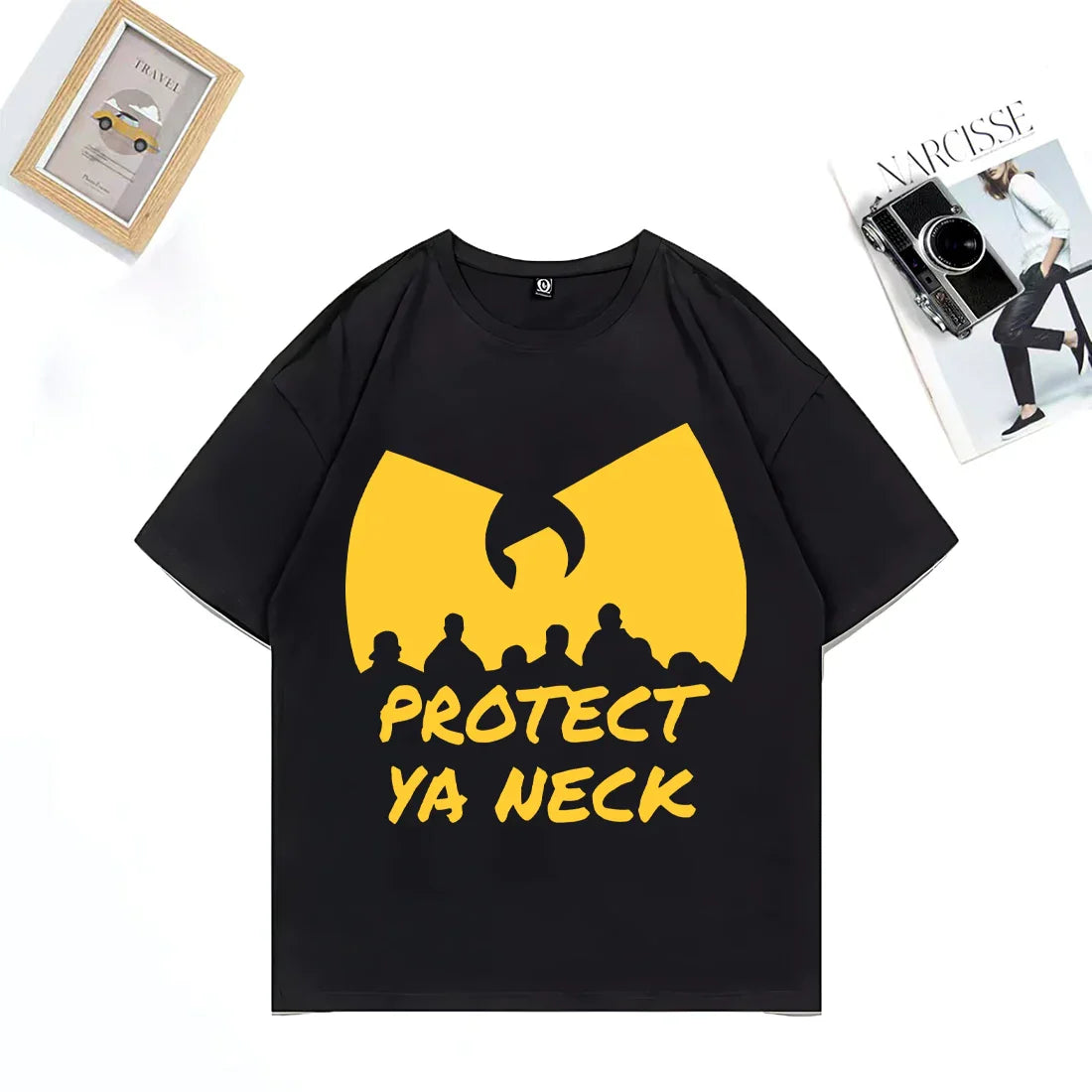 Black short-sleeved hip hop t-shirt with bold yellow wu-tang clan logo and protect ya neck text streetwear vintage cotton tops casual oversized
