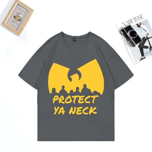 Dark gray hip hop streetwear vintage cotton t-shirt with bold yellow Wu-Tang Clan logo and protect ya neck text