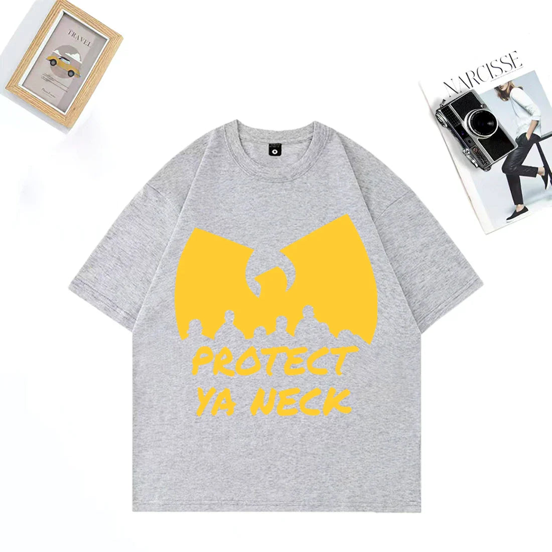 Gray heathered cotton t-shirt with bold yellow wu-tang clan logo and protect ya neck print streetwear vintage cotton top casual oversized