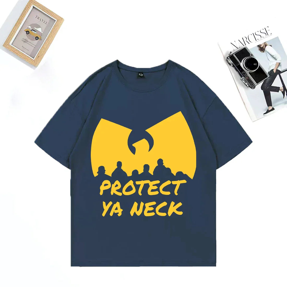 Navy blue hip hop cotton t-shirt with yellow wu-tang clan logo and protect ya neck text tops casual oversized streetwear vintage