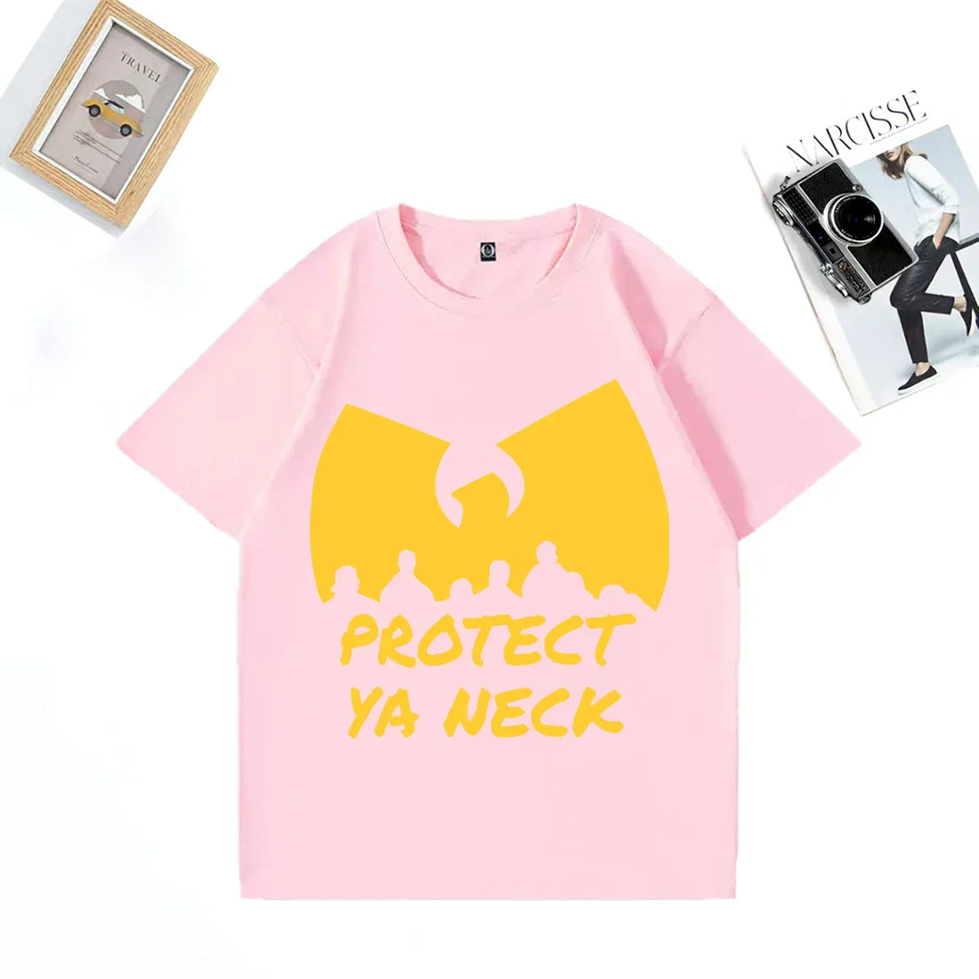 Pink short-sleeved hip hop streetwear vintage cotton t-shirt with bold yellow wu-tang clan logo and protect ya neck text