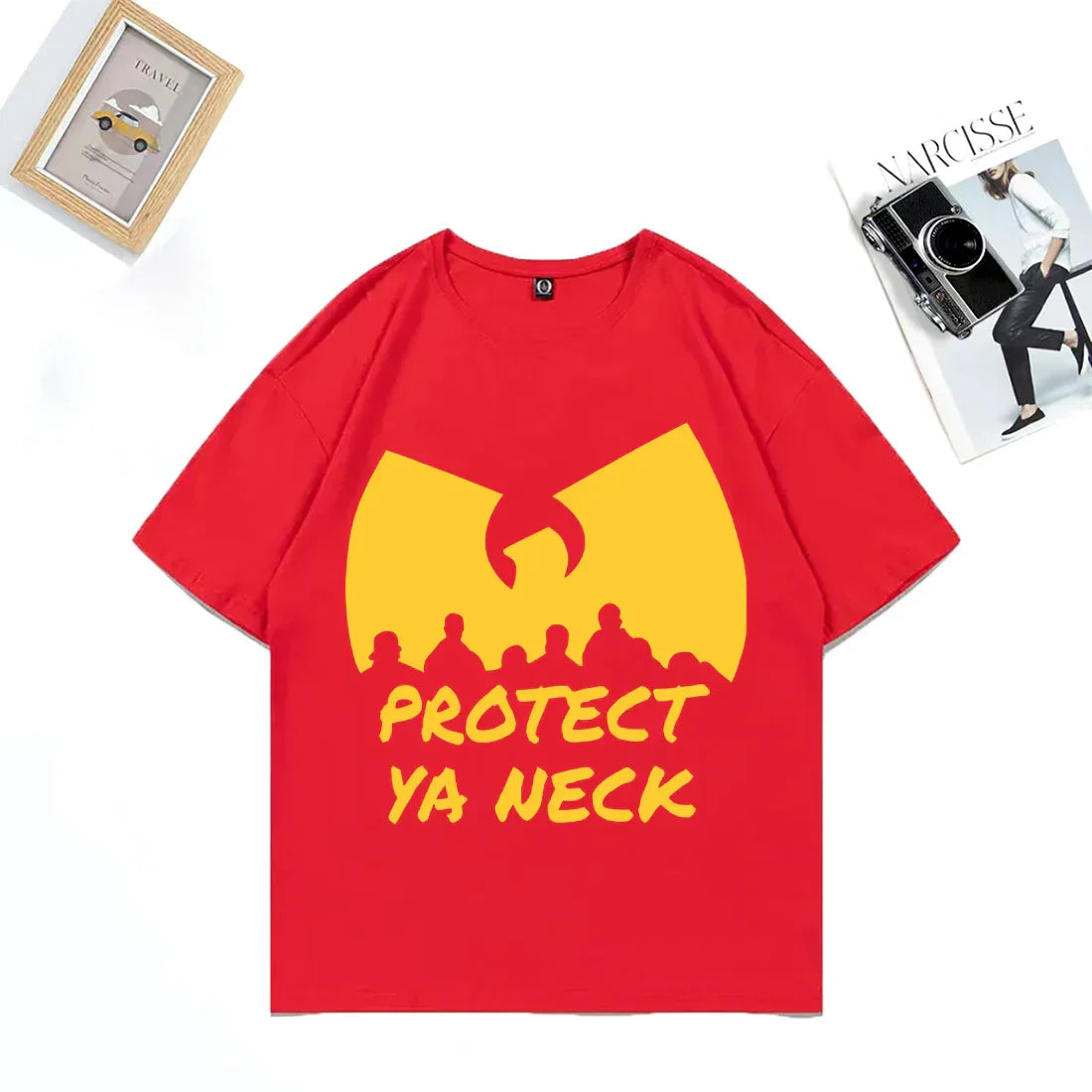 Red short-sleeved hip hop streetwear vintage cotton t-shirt with bold yellow wu-tang clan logo and protect ya neck text