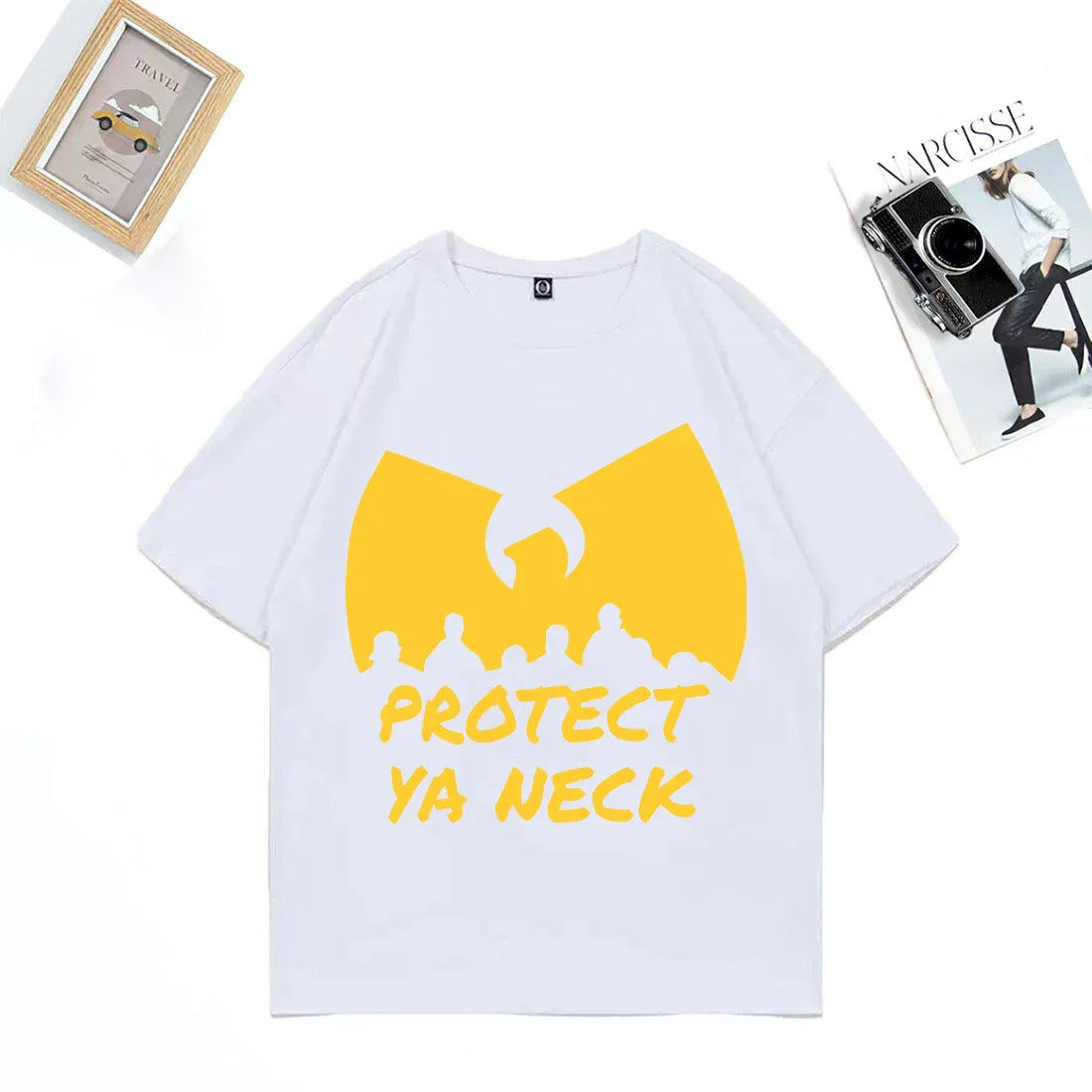 White short-sleeved cotton t-shirt with bold yellow wu-tang clan logo and protect ya neck text hip hop streetwear vintage cotton top casual oversized