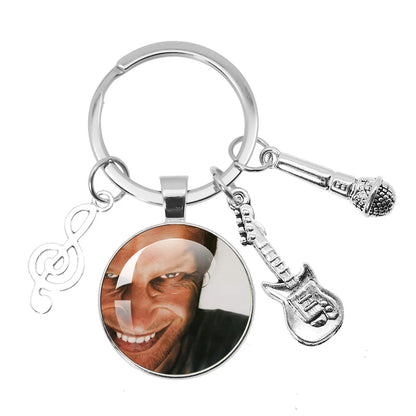 Silver hip-hop aphex twin logo themed keychain jewelry with circular photo charm and backpack accessories souvenir