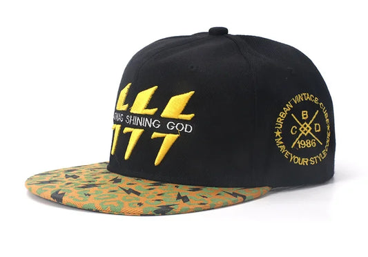 Black hip hop baseball cap with bold yellow cotton embroidered lightning text and camouflage sunshade gorra dropshipping brim