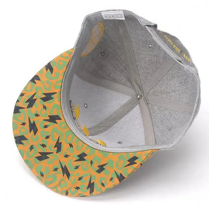A vibrant orange cotton embroidered lightning snapback cap with black lightning and green leopard brim for sports sunshade gorra