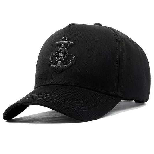 Black hip hop baseball cap with cotton anchor embroidered emblem and textured fabric hat cotton snapback design