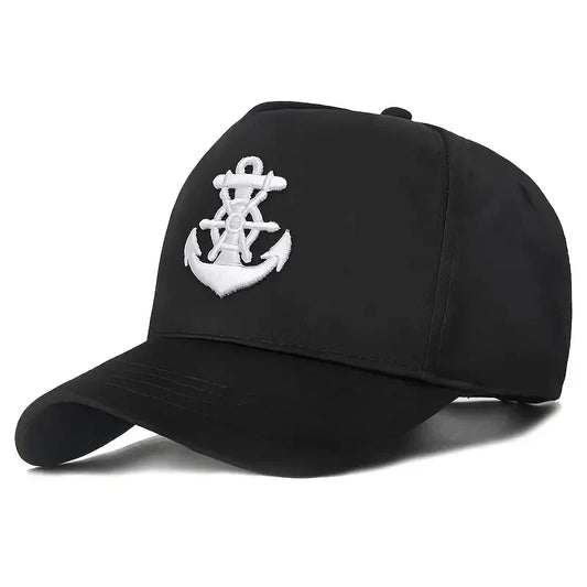 Black cotton hip hop baseball cap with white embroidered anchor and ship’s wheel emblem for outdoor sun protection
