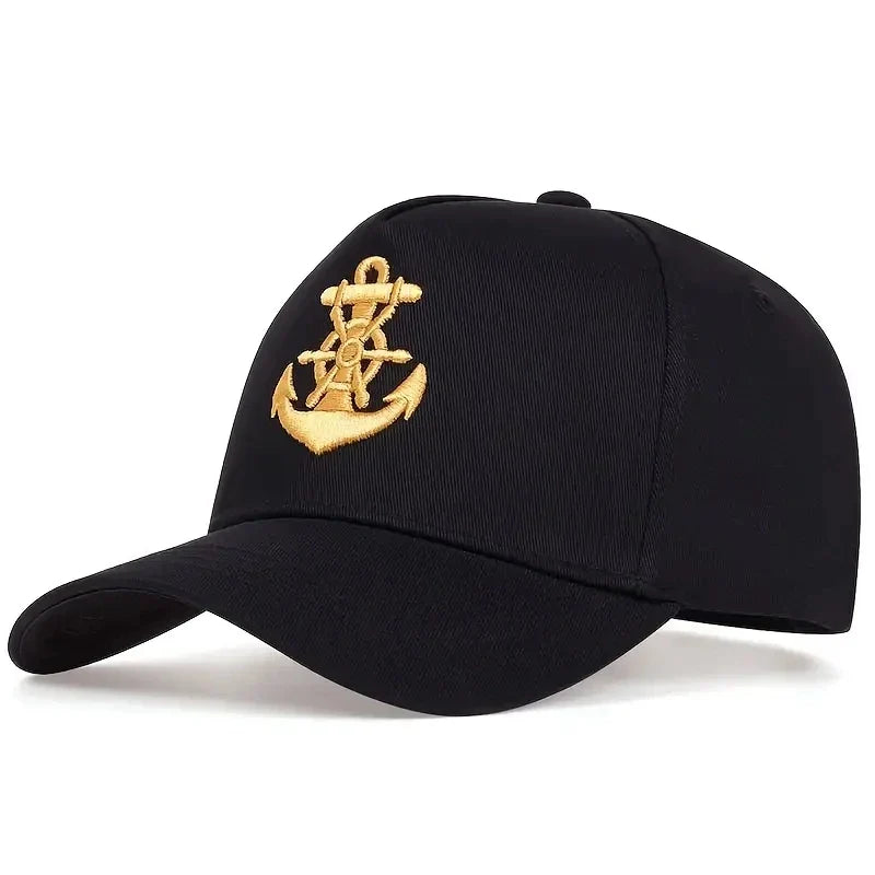 Black cotton hip hop baseball cap with gold embroidered anchor and ship’s wheel emblem for outdoor sun protection