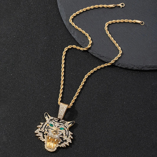 Gold plated hip hop tiger head pendant necklace with green and yellow gemstone eyes and rhinestone accents nickel free