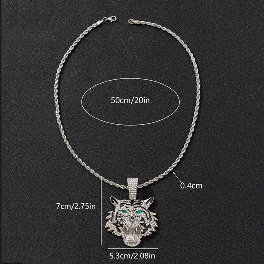 Silver tiger head pendant necklace with green gemstone eyes and crystal embellishments on a nickel free hip hop chain