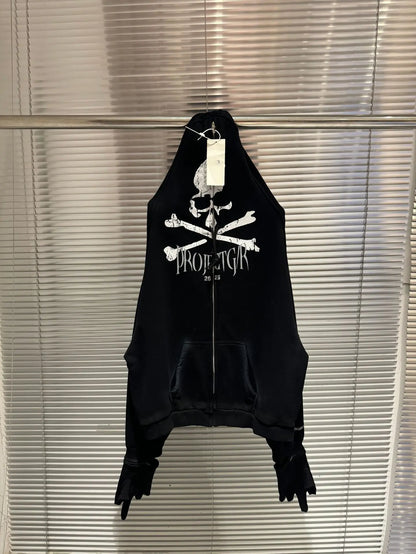 Black cotton zipper hoodie men with hip hop bird graphics print and white skull crossbones featuring projektgir text