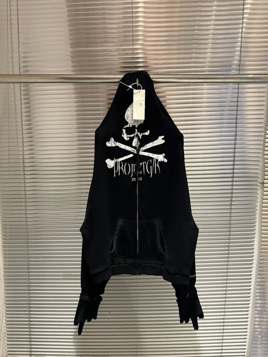 Black cotton zipper hoodie men with hip hop bird graphics print and white skull crossbones featuring projektgir text