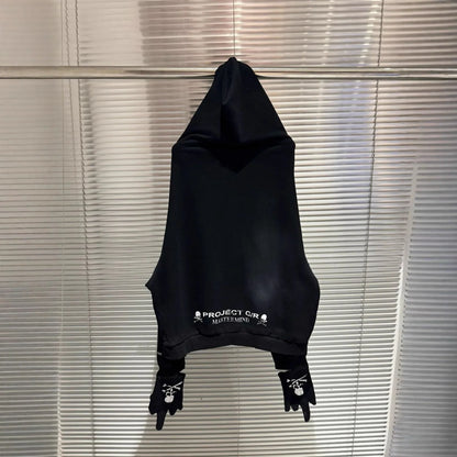 Black project g r zipper hoodie men with hip hop bird graphics print and white skull embroidery on cotton fabric