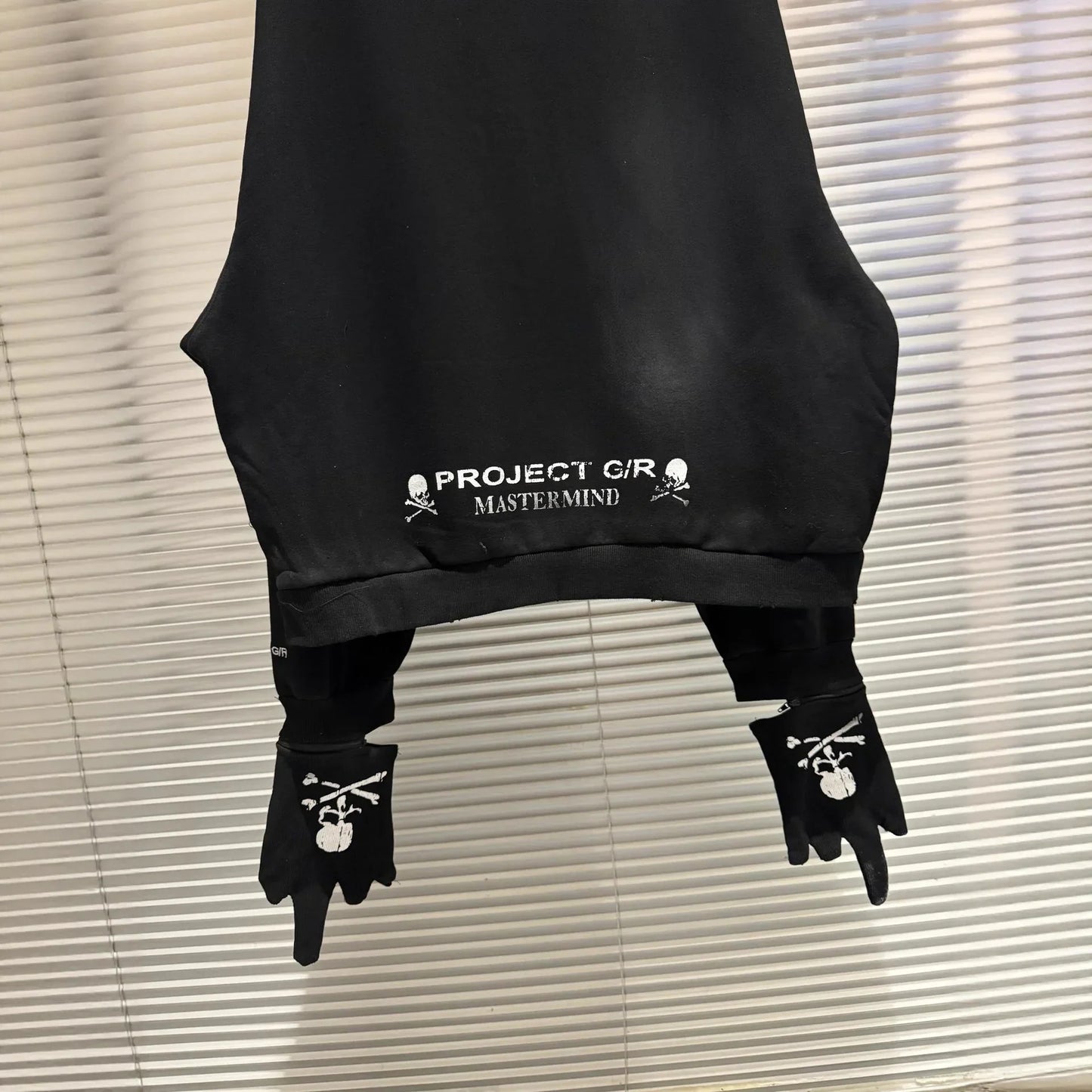 Black project g/r sleeveless top with white skull embroidery and matching gloves in hip hop bird graphics style