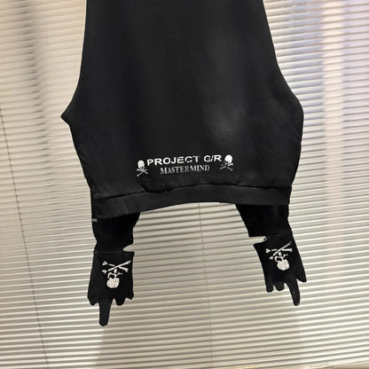 Black project g/r sleeveless top with white skull embroidery and matching gloves in hip hop bird graphics style