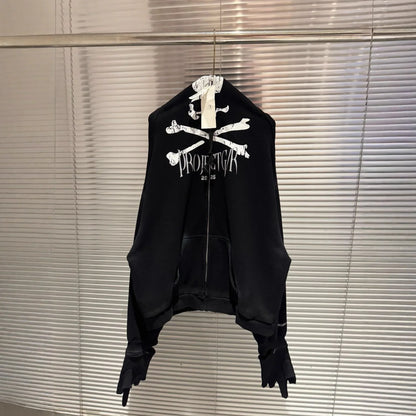 Black project gar zipper hoodie men with hip hop bird graphics print white skull and crossbones cotton top quality