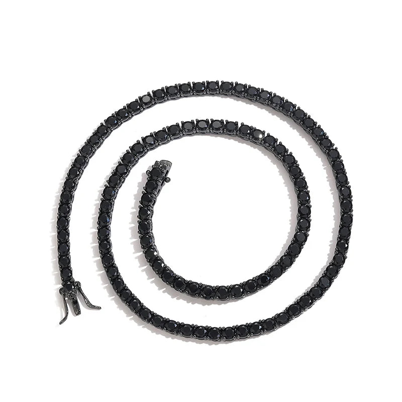 Black cz stone paved bling hip hop 1 row tennis link chain necklace in dark metal clasp for men women unisex rap jewelry