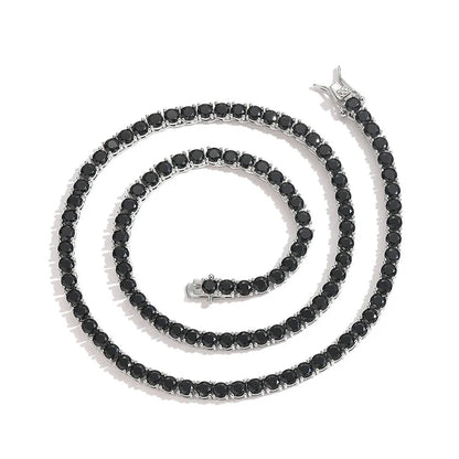Elegant black cz stone paved bling sterling silver black diamond row tennis link necklace and bracelet set for men and women
