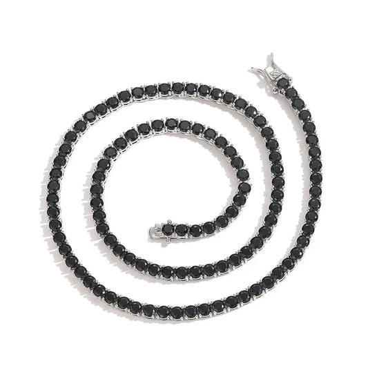 Elegant black cz stone paved bling sterling silver black diamond row tennis link necklace and bracelet set for men and women
