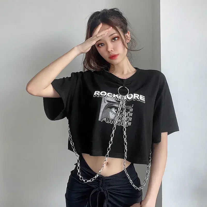 Black cropped t-shirt with silver chain detailing and rockmore print for female streetwear and chain women harajuke style