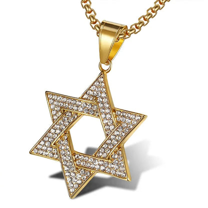 Gold color 316l stainless steel david hexagram pendant necklace with hip hop bling rhinestones on chain
