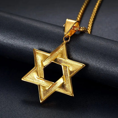 Gold color 316l stainless steel david hexagram pendant necklace with textured finish for hip hop bling style men