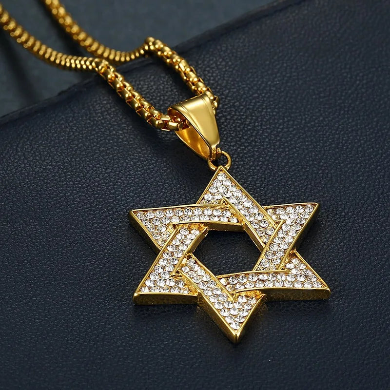 Gold color hip hop bling 316l stainless steel david hexagram pendant necklace with clear rhinestones for men rapper