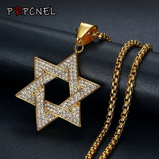 Gold hip hop bling david hexagram pendant necklace with sparkling rhinestones on 316l stainless steel chain for men
