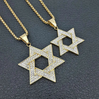 Gold color 316l stainless steel david hexagram pendant necklace with clear crystals hip hop bling for men rapper