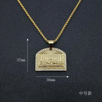 Gold-colored stainless steel hip hop bling pendant necklace with engraved last supper geometric square design for men rapper jewelry