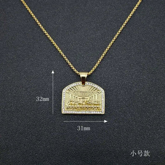 Gold-colored stainless steel hip hop bling pendant necklace with last supper geometric square design and iced out rhinestones for men rapper jewelry