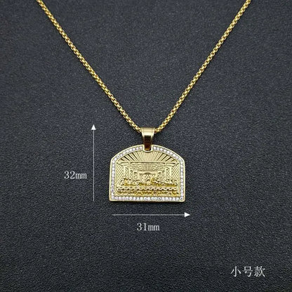 Gold hip hop bling pendant necklace with engraved last supper geometric square design and iced out rhinestones for men rapper jewelry