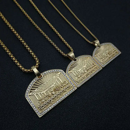 Gold-colored stainless steel hip hop bling pendant necklace with diamond-encrusted supper geometric square design for men rapper jewelry