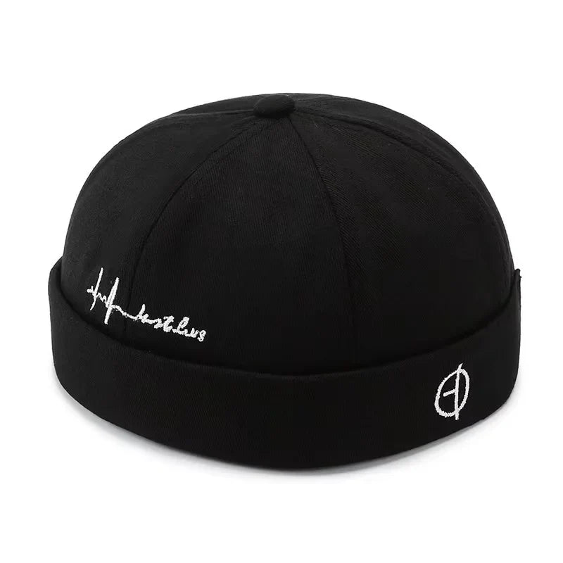 Black hip hop blue washed cotton landlord beanie hat with white embroidered signature and edge brimless sailor detail