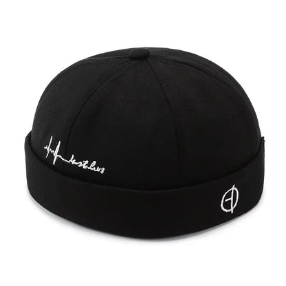 Black hip hop blue washed cotton landlord beanie hat with white embroidered signature and edge brimless sailor detail