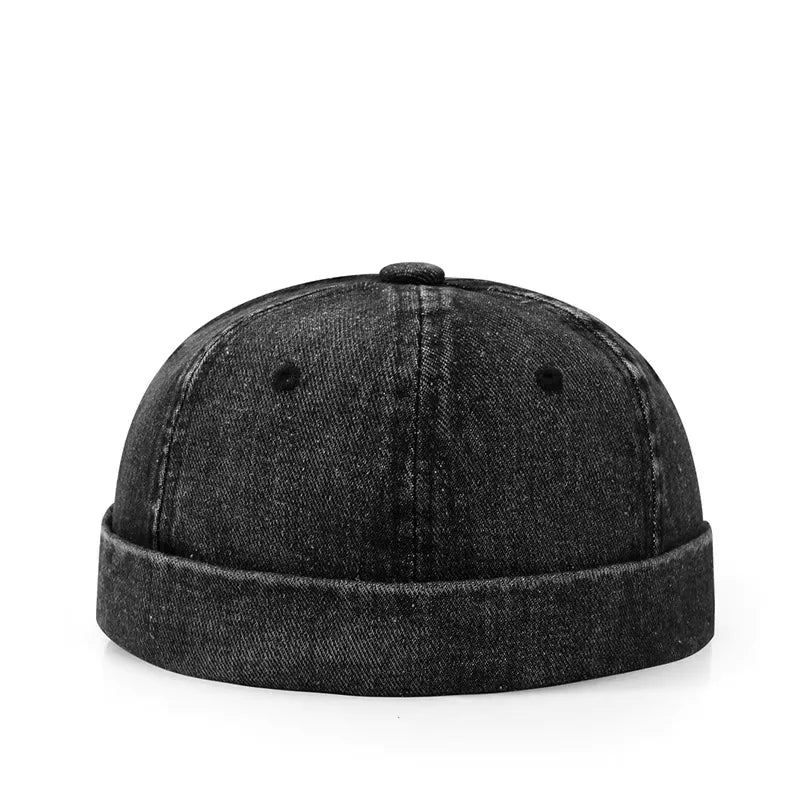 Black denim hip hop blue washed cotton landlord hat with folded brim and subtle stitching details for streetwear