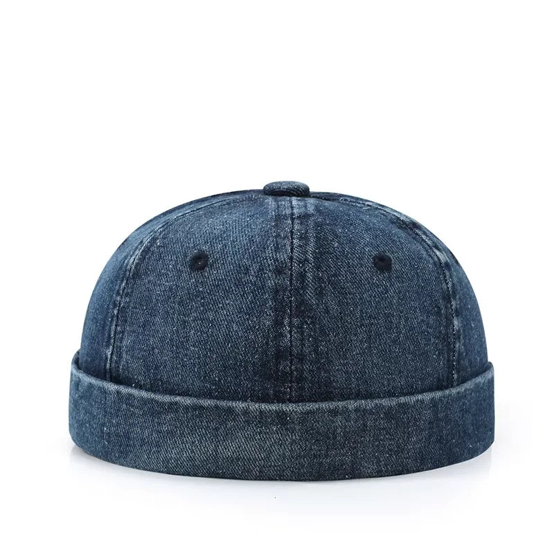 Dark blue denim hip hop blue washed cotton landlord hat with folded brim black button and edge brimless sailor style