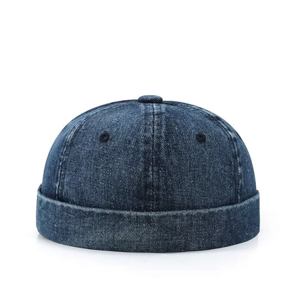 Dark blue denim hip hop blue landlord hat docker with folded brim black button top rolled edge brimless style