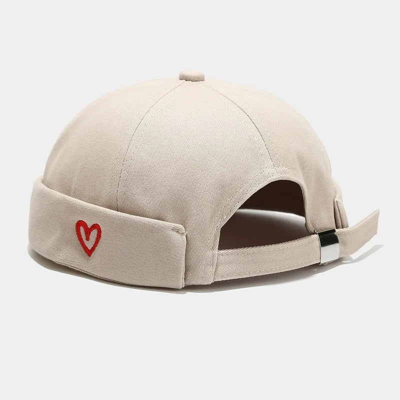 Beige hip hop blue washed cotton landlord cap with red embroidered heart on folded edge brimless sailor style
