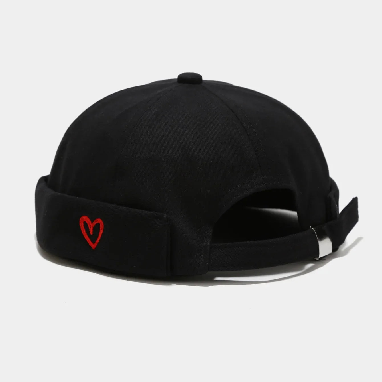 Black hip hop blue washed cotton landlord hat with red heart embroidered brim and silver buckle at the back