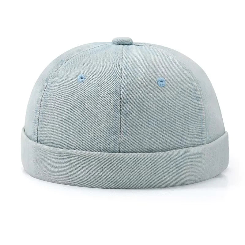 Light blue hip hop blue denim washed cotton landlord hat with folded edge brimless sailor design for streetwear