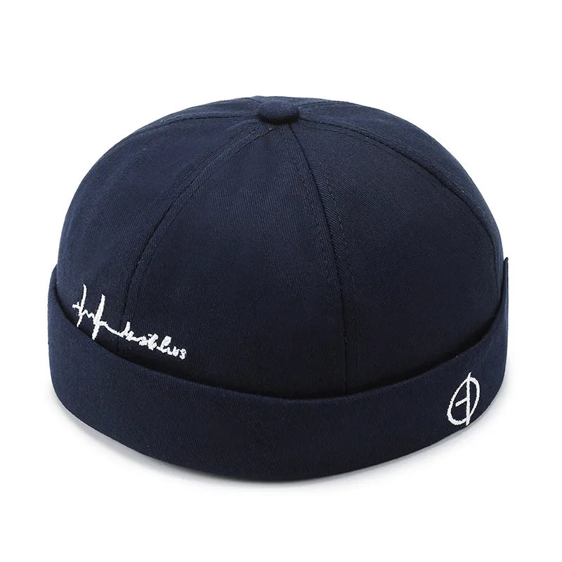 Dark navy blue hip hop blue washed cotton landlord fabric cap with white embroidered edge brimless sailor logo on brim