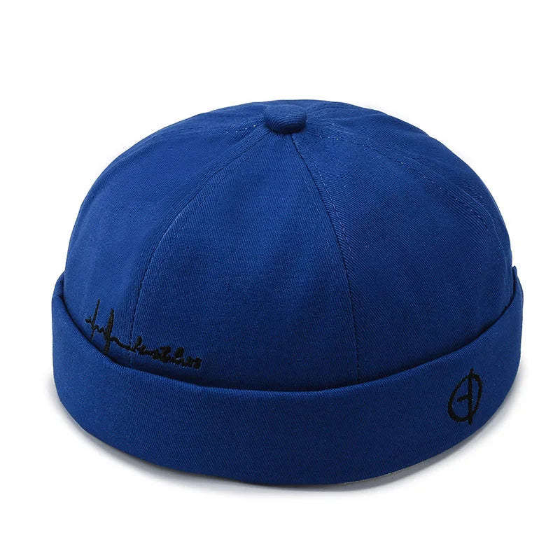 Royal blue hip hop blue denim cap with black embroidered logo on edge brimless sailor washed cotton landlord hat